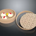 Open Bamboo Steamer With Steamed Buns Featuring Red Chicken Patterns And Woven Lid 3d model