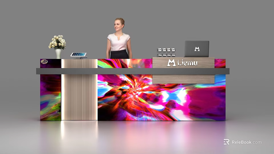 Modern Reception Desk With Colorful Abstract Design Wooden Counter Floral Vase Laptop And Alienu Logo 3d model 