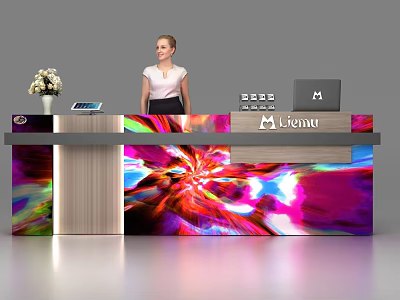 Modern Reception Desk With Colorful Abstract Design Wooden Counter Floral Vase Laptop And Alienu Logo 3d model