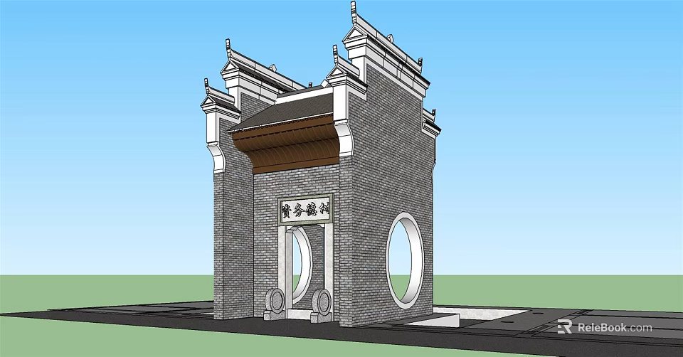 Traditional Chinese Entrance Gate With Brick Structure Curved Eaves And Circular Doorway 3d model 