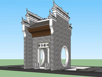 Traditional Chinese Entrance Gate With Brick Structure Curved Eaves And Circular Doorway 3d model