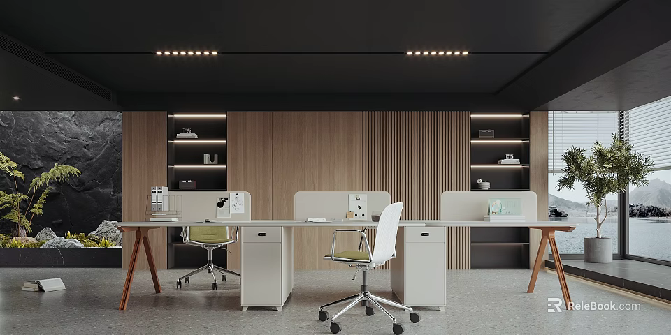Modern Public Office Space Interior With Open Layout Wooden Walls Desks Chairs And Bookshelves 3d model 