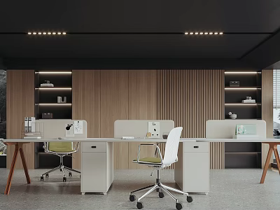 Modern Public Office Space Interior With Open Layout Wooden Walls Desks Chairs And Bookshelves 3d model