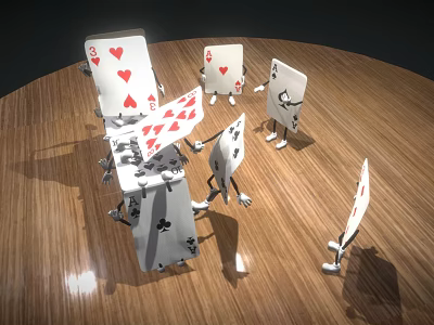 Anthropomorphic Playing Cards Enjoying Card Game Together On Wooden Tabletop 3d model