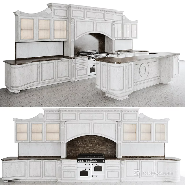 Elegant White Kitchen Cabinets With Marble Island And Classic Design Elements 3d model 