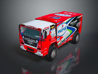 Red Eunil Trucks Racing Vehicle With Brand Logos And Decorative Graphics 3d model