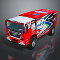 Red Eunil Trucks Racing Vehicle With Brand Logos And Decorative Graphics