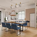Bright Living Dining Room With Blue Wall Sofa Coffee Table And Ceiling Fan