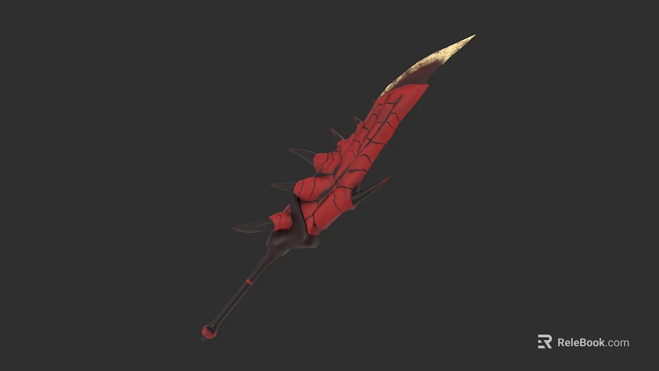 Red And Gold Decorative Weapon With Sharp Blade And Spiked Design 3d model