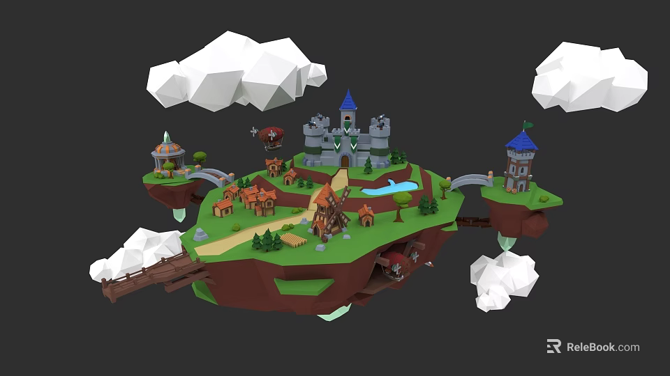 Cartoon Style Floating Island With Castle Cottages Windmill Bridge And Clouds 3d model 