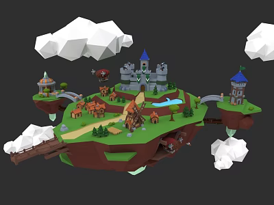 Cartoon Style Floating Island With Castle Cottages Windmill Bridge And Clouds 3d model