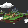 Cartoon Style Floating Island With Castle Cottages Windmill Bridge And Clouds