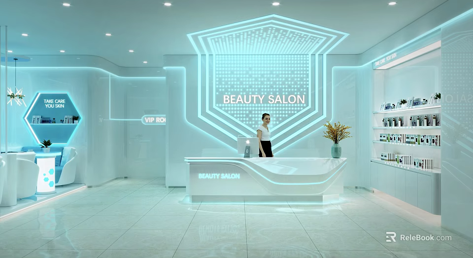 Modern Beauty Salon Front Desk With Illuminated Background Wall And Decorative Vase 3d model 