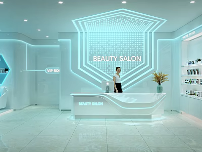 Modern Beauty Salon Front Desk With Illuminated Background Wall And Decorative Vase 3d model
