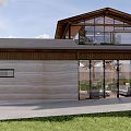 Modern Detached Villa Exterior With Wooden Stone Facade Green Lawn And Trees