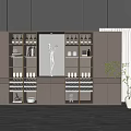 Elegant Modern Wine Cabinet With Glass Doors Display Shelves And Decorative Plants