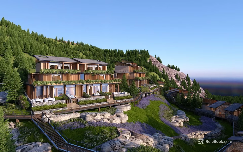 Modern Wooden Detached Villa on Hillside with Green Trees Mountains Lawn and Stone Landscaping 3d model 