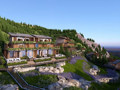 Modern Wooden Detached Villa on Hillside with Green Trees Mountains Lawn and Stone Landscaping 3d model