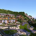 Modern Wooden Detached Villa on Hillside with Green Trees Mountains Lawn and Stone Landscaping