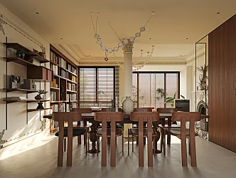 French Restaurant Middle Ancient Home Dining Room Solid Wood Dining Table Single Chair Dining Chair Chandelier Decorative Cabinet 3d model