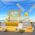 Outdoor Chestnut Trees Display With Yellow Windmill Wheat Pumpkins And Chairs