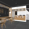 Modern Restaurant Interior With Wooden Tables Chairs Blackboard Wall And Pendant Lights