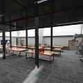 Modern Two Level Laboratory With Wooden Workbenches Desktop Computers And Robotic Arms