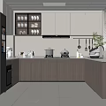 Modern Kitchen Interior With Gray Wooden Cabinets Refrigerator Oven Window Sink And Plant
