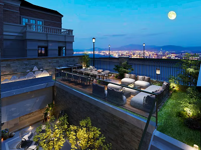 Modern Garden Landscape with Terrace Lawn Outdoor Furniture and Moonlit Night View 3d model