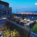 Modern Garden Landscape with Terrace Lawn Outdoor Furniture and Moonlit Night View