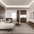 Modern Living Dining Room Interior with Wooden Wall Beige Sofa Coffee Table Circular Ceiling Light