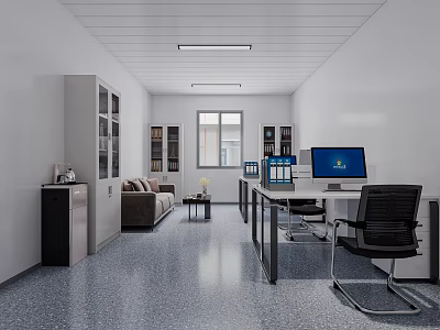 Modern Public Office Space With White Walls Gray Floors Desks Computers Sofa Bookshelves And Windows 3d model