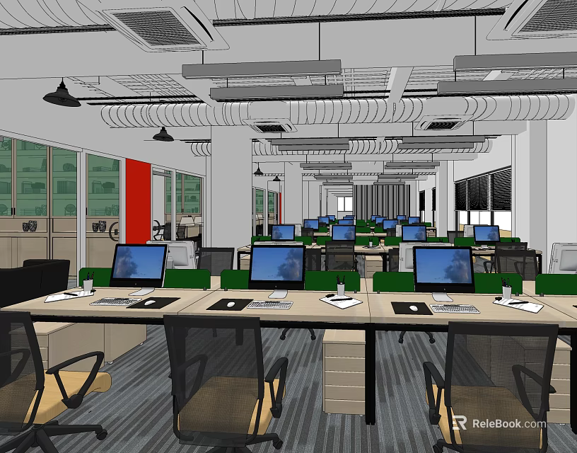 Spacious Public Office Space With Open Layout Desks Laptops Chairs And Large Windows 3d model