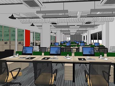 Spacious Public Office Space With Open Layout Desks Laptops Chairs And Large Windows 3d model