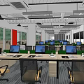 Spacious Public Office Space With Open Layout Desks Laptops Chairs And Large Windows 3d model
