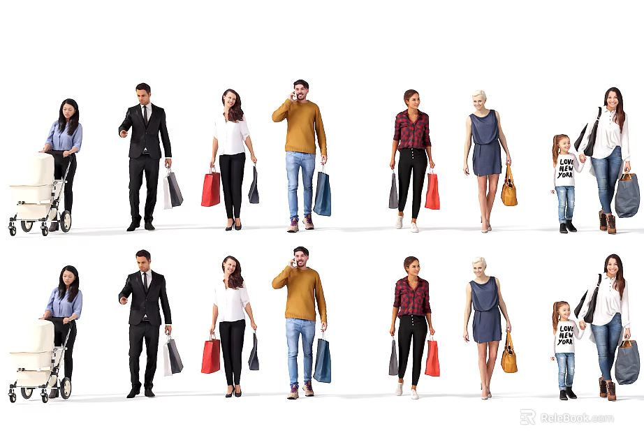 Diverse Group of People Shopping with Various Bags and a Shopping Cart 3d model 