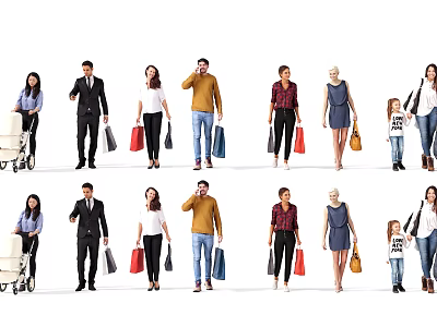 Diverse Group of People Shopping with Various Bags and a Shopping Cart 3d model