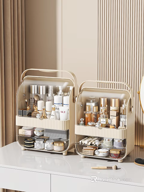 Stylish Beige Storage Organizer For Perfumes And Cosmetics With Layered Compartments On Dressing Table 3d model 