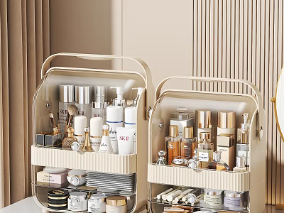 Stylish Beige Storage Organizer For Perfumes And Cosmetics With Layered Compartments On Dressing Table 3d model