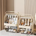 Stylish Beige Storage Organizer For Perfumes And Cosmetics With Layered Compartments On Dressing Table