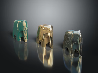Elephant Shaped Decorative Ornament Set Green Gold Silver Metallic Finish With Sleek Surface Reflections 3d model