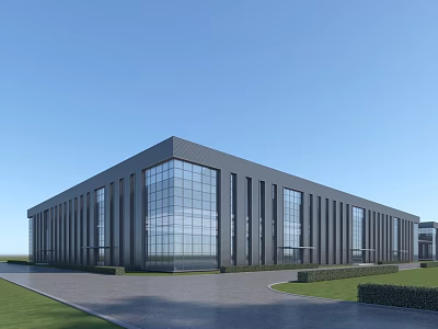 Modern Industrial Factory Building With Glass Curtain Walls Gray Exterior Lawn Area And Paved Road 3d model