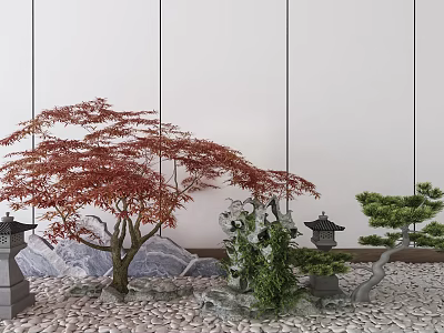 Garden Ornamental Arrangement With Red Maple Tree Rockery Stone Lantern And Small Pine 3d model