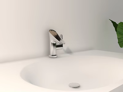 Silver Modern Bathroom Faucet On White Sink With Green Leaf Accent 3d model