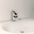 Silver Modern Bathroom Faucet On White Sink With Green Leaf Accent