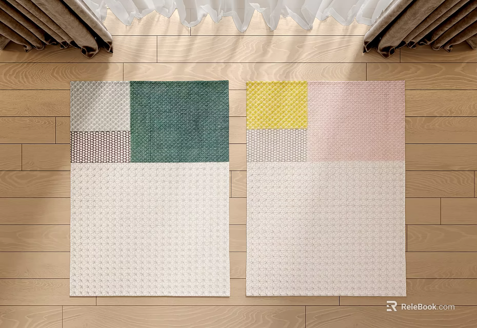 Contemporary Square Rugs With Green Yellow Pink Patches And White Base On Wooden Floor 3d model 