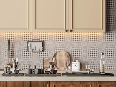 Modern Kitchen Counter Dinnerware Set With Cabinets Tile Backsplash 3d model