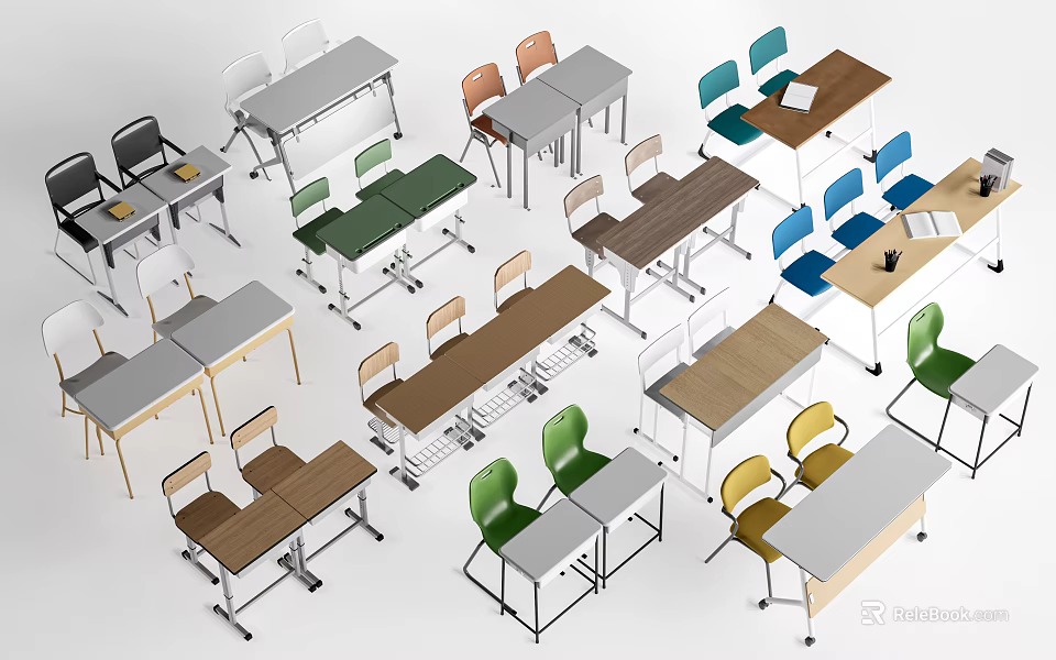 Modern Table And Chair Combinations With Various Colored Chairs And Wooden Tables 3d model 