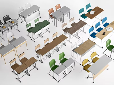 Modern Table And Chair Combinations With Various Colored Chairs And Wooden Tables 3d model