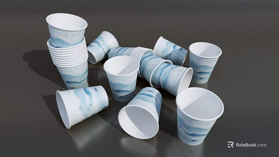 Blue And White Paper Cups With Wave Patterns Stacked And Scattered On Gray Surface 3d model 